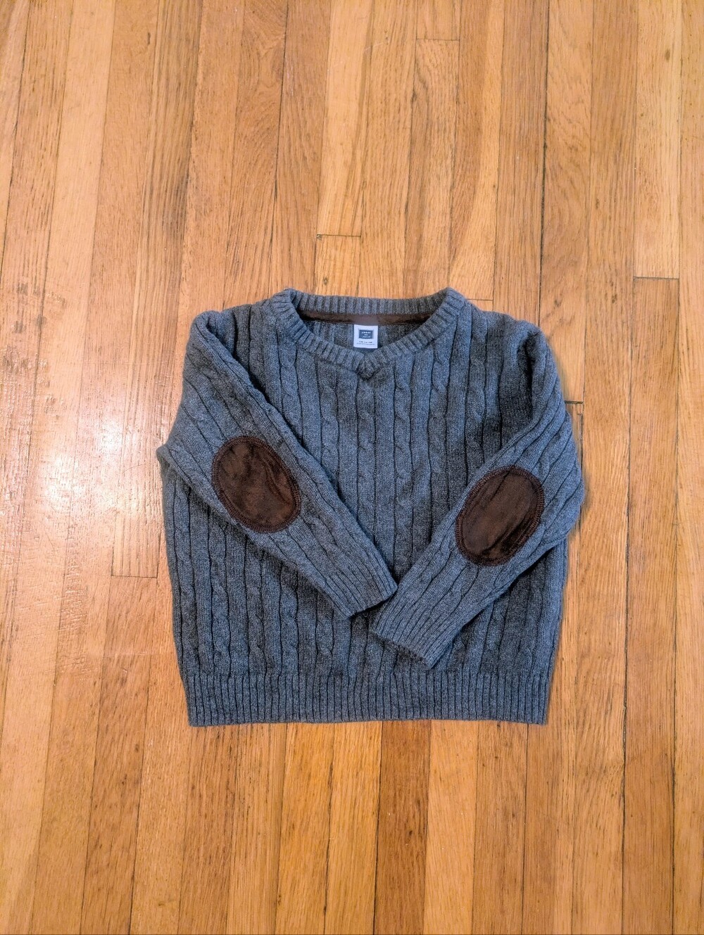 Janie and Jack Boys Grey V-neck Cable Knit Sweater With Elbow Patches size 12-18